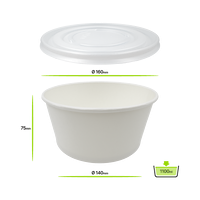 A2-D/S 다용도 종이용기, 1,000 ml, Ø160 mm, 코팅처리, 뚜껑포함 (PP), 300입