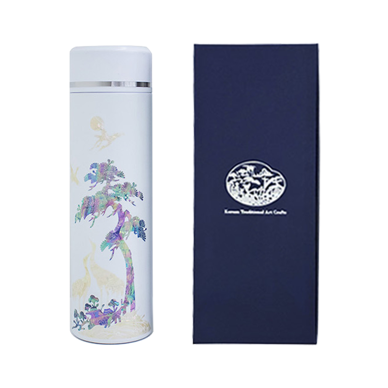 Premium Mother-of-Pearl Tumbler with Crane and Pine Tree Motif 500 ml - White 2199647996475