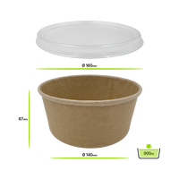 A1-D/S 다용도 크라프트 종이용기, 900 ml, Ø160 mm, 코팅처리, 뚜껑포함 (PET), 300입